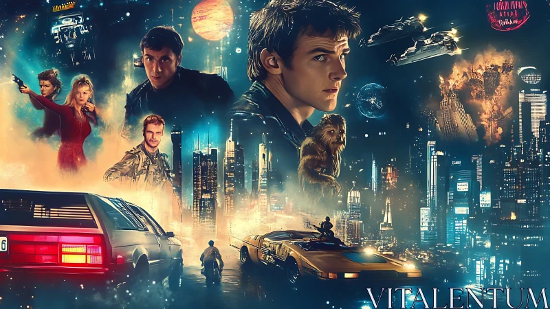 Collage of futuristic city, spacecraft, vehicles, and figures.