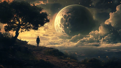 Lone wanderer watches colossal planet over glowing clouds.