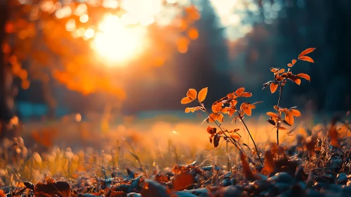 Golden autumn sunrise bathes forest floor in warm glow