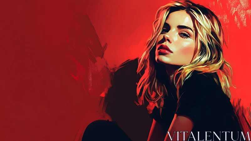 Bold digital portrait of blonde woman on vivid red field.