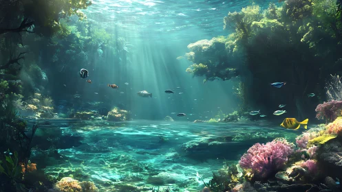 Underwater reef landscape with tropical fish and light beams.