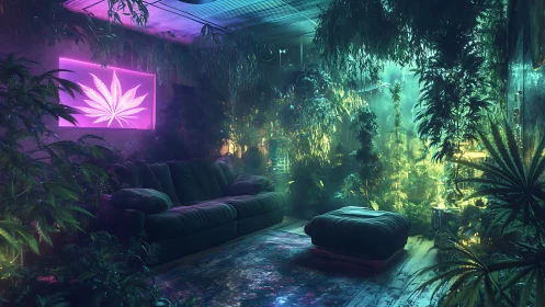 Neon jungle lounge wrapped in lush cannabis dreamlight.