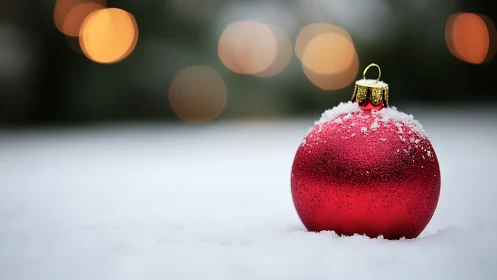Macro view red frosted bauble on snow with warm bokeh lights
