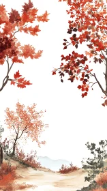 Vertical landscape with sparse autumn foliage on white field.