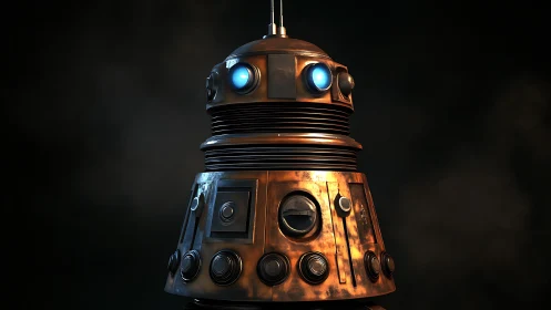 3D steampunk robot portrait with weathered copper chassis.