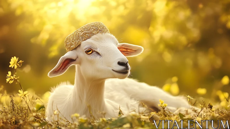 White goat wearing ornate cap in soft golden meadow light.