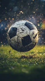 Dirty soccer ball in mid air over wet grass field at dusk.