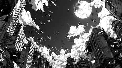 Moonlit urban canyon under swirling fragmented sky.