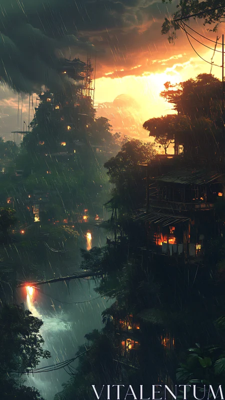 Rainy jungle gorge with glowing cliffside tree village.