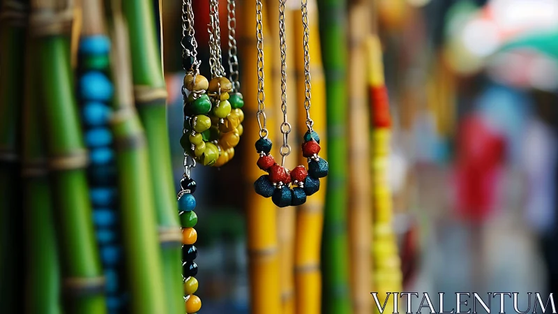 Colorful beaded necklaces hang against blurred bamboo stall