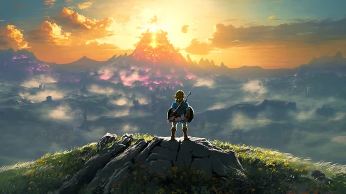 Heroic figure observing distant burning mountain at dawn.