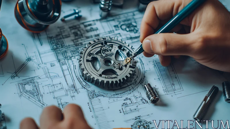 Precision gear design overlaid on technical blueprints.