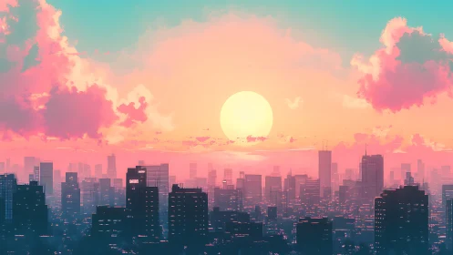 Dreamlike pastel sunset glows above a futuristic cityscape.