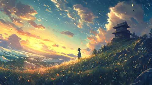 Sunlit hilltop and lone child watch clouds ignite at dusk.