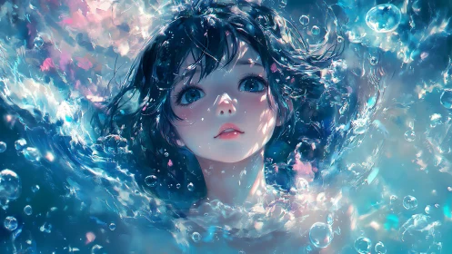 Young person submerged in stylized, luminous underwater scene