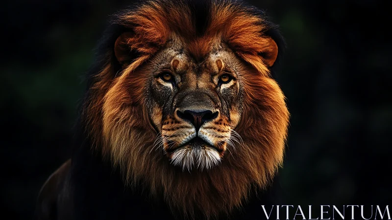 Male lion portrait with detailed mane on dark background.