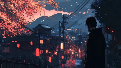 Urban hillside street at dusk with backlit figure and neon lanterns