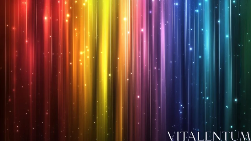 Vibrant rainbow light beams with sparkling particle effects, digital art.