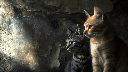 Two Cats Contemplate Urban Shadows in Weathered Stillness