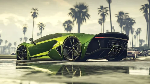 Green low-profile supercar is parked on wet coastal street