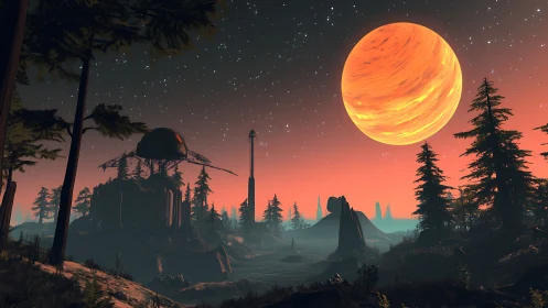 Alien forest landscape under large orange planet at dusk.