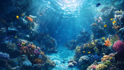 Sunlit coral reef canyon with vivid tropical marine life.