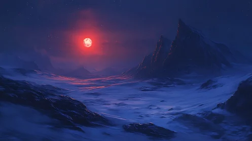Digital painting of alien ice valley under crimson starfield.