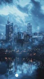 Digital nocturne skyline with reflective lunar waterfront composition.