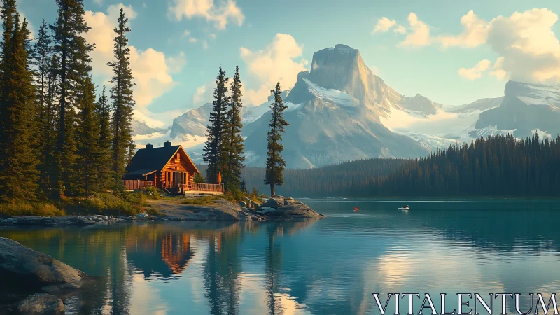 Lakeside log cabin under towering snowy mountain peaks.