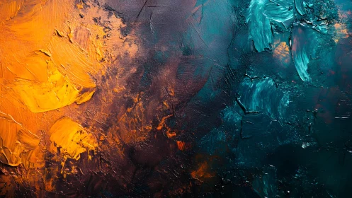 Abstract textured painting with bold teal and orange brushstrokes.