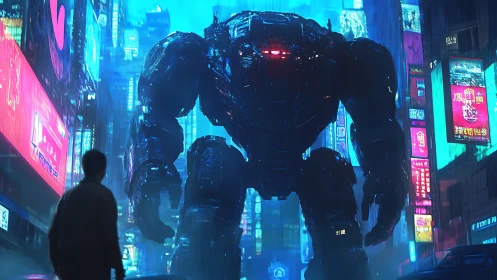 Giant bipedal mech in neon urban street at night.
