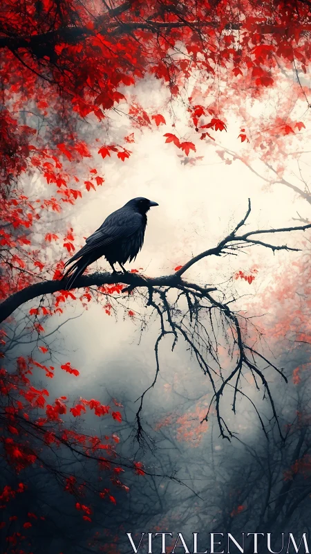 Solitary raven broods on a crimson branch in misty forest