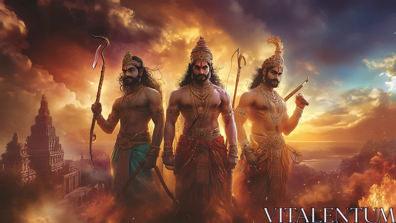 Heroic warrior trinity under dramatic mythic sunset sky.