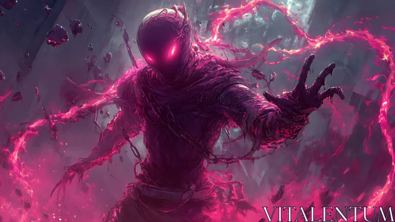 Void wraith commands neon pink energy in stormed ruin.