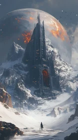 Lone wanderer before monolithic citadel on burning world.
