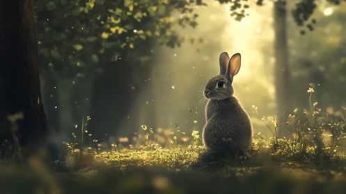Gentle rabbit in sunlit forest glade, enchanting soft-focus artwork.