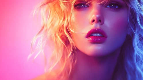 Close-up stylized portrait under pink and blue lighting.