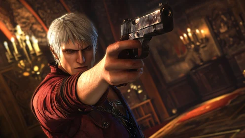 Rendered character points handgun in detailed interior space