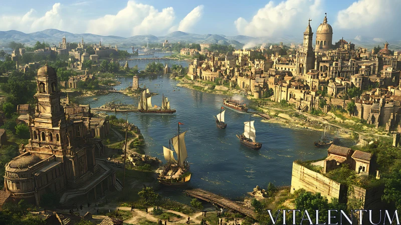 Riverine fantasy metropolis with neoclassical harbor architecture.