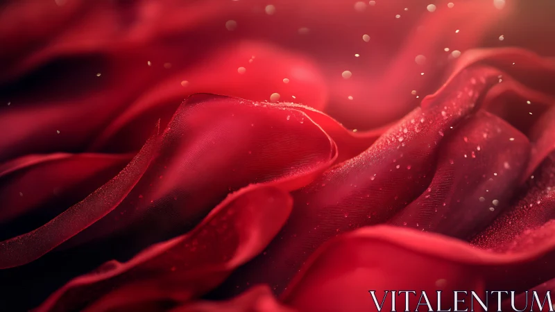 Crimson rose petals glow with dewy backlit shimmer.