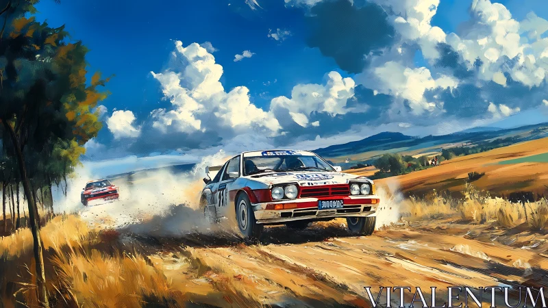 Rally cars on dirt road in rural landscape under clouds.