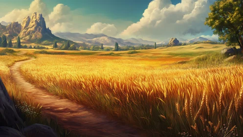 Sunlit wheat field unfolds toward distant blue mountains