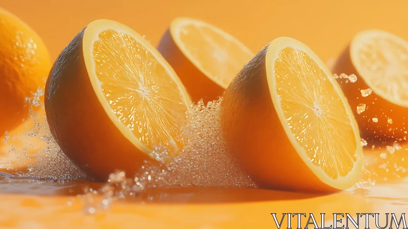 Halved citrus fruits with water and sugar against orange field.