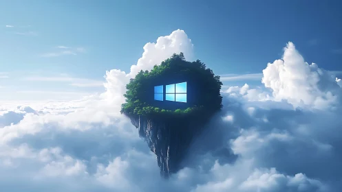 Floating Island with Windows Logo Embedded in Verdant Canopy.