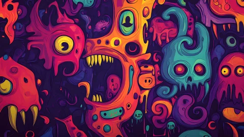 Multicolored abstract monster faces occupy a dense composition