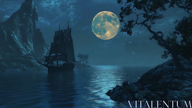 Moonlit tall ship crossing misty coastal waters at night.
