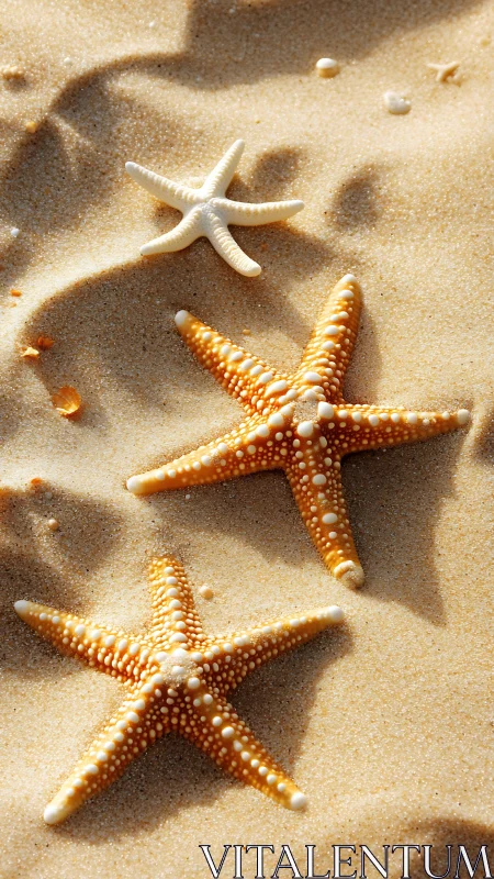 Sunlit starfish trio resting in windswept golden sand dunes.