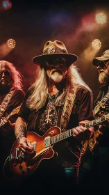 Golden-hour guitar legends lost in a smoky stage groove.