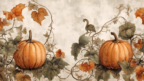 Autumn pumpkins and curling vines form rustic harvest art.