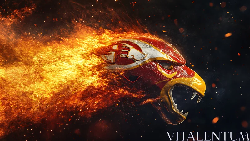 Flaming metallic hawk helmet with dynamic particle fire trail